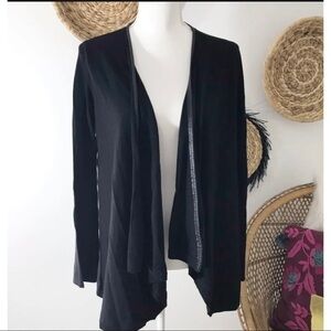 Alice + Olivia Women Sz M Black ITALIAN Sheep Leather Trim Soft Sweater Cardigan